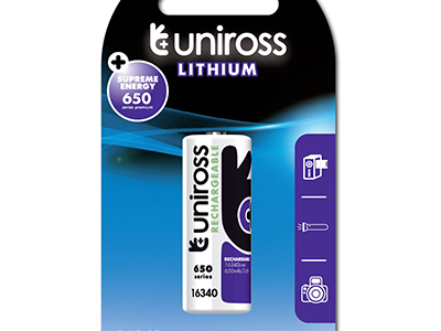 Uniross RCR123A LIR16340 Lithium Rechargeable Battery 650mAh
